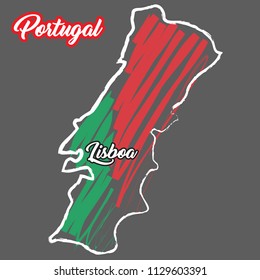 Portugal, Lisboa. Hand drawn vector map, sketch style, hand drawn. Flag of the country, stylized concept. Travels. 