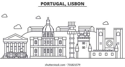 Portugal, Lisbon architecture line skyline illustration. Linear vector cityscape with famous landmarks, city sights, design icons. Landscape wtih editable strokes