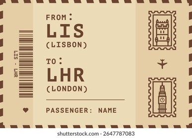 Portugal, Lisboa - Inglaterra, voo de Londres, etiqueta de bagagem, cartão de embarque. Layout de ilustração vetorial para infográfico, cartão postal, adesivo, impressão, promoção em estilo vintage com selos de referência