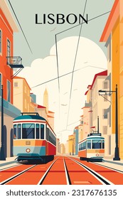 Portugal Lisbon retro city poster with abstract shapes of landmarks, street and trams. Vintage travel vector illustration