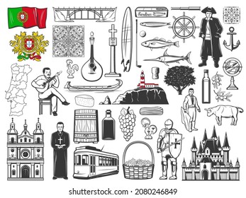 Portugal Lisbon travel, Portuguese vector icons of tram, food and fado music, culture and city landmarks. Portugal travel flag, map and and rooster symbol, Lisboa traditional sardines and architecture