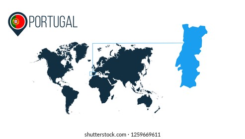 Portugal location modern vector map for infographics. All world countries without names. Portugal round flag in the map pin or marker. vector illustration on stripped background.