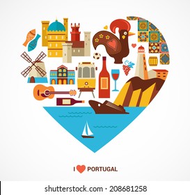 Portugal love - heart with vector icons and illustration, tourism and travel concept