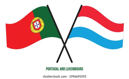 Portugal and Luxembourg Flags Crossed And Waving Flat Style. Official Proportion. Correct Colors.