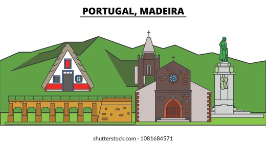 Portugal, Madeira. City skyline, architecture, buildings, streets, silhouette, landscape, panorama, landmarks. Editable strokes. Flat design line vector illustration concept. Isolated icons