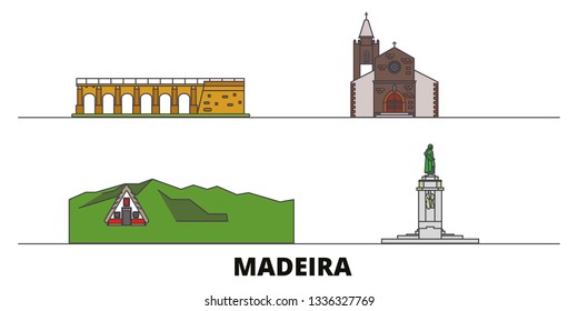 Portugal, Madeira flat landmarks vector illustration. Portugal, Madeira line city with famous travel sights, skyline, design. 