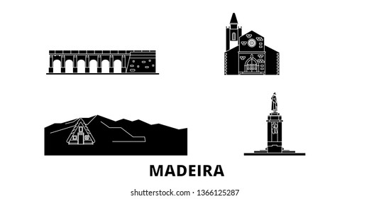 Portugal, Madeira flat travel skyline set. Portugal, Madeira black city vector illustration, symbol, travel sights, landmarks.