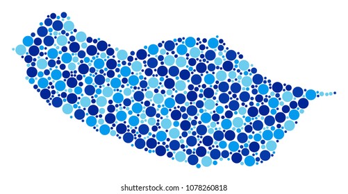 Portugal Madeira Island Map collage of round spots in various sizes and blue color tints. Randomized dots are combined into Portugal Madeira Island Map composition.