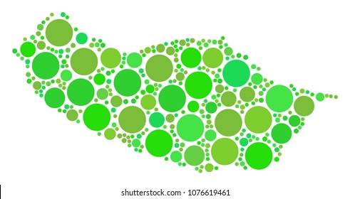 Portugal Madeira Island Map composition of randomized filled circles in various sizes and green shades. Vector filled circles are combined into portugal madeira island map illustration.