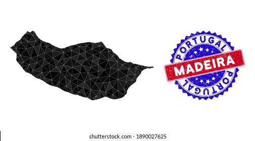 Portugal Madeira Island map polygonal mesh with filled triangles, and grunge bicolor seal. Triangle mosaic Portugal Madeira Island map with mesh vector model, triangles have variable sizes,