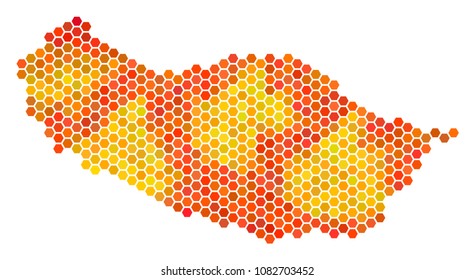 Portugal Madeira Island map. Vector honeycomb geographic scheme drawn with fire color variations. Abstract Portugal Madeira Island map concept is designed of flame hex tile blots.