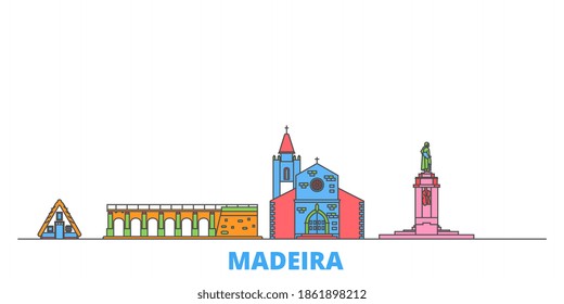 Portugal, Madeira line cityscape, flat vector. Travel city landmark, oultine illustration, line world icons