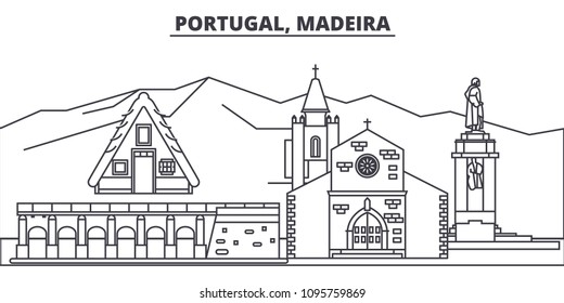 Portugal, Madeira line skyline vector illustration. Portugal, Madeira linear cityscape with famous landmarks, city sights, vector landscape. 