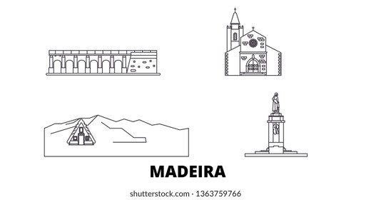 Portugal, Madeira line travel skyline set. Portugal, Madeira outline city vector illustration, symbol, travel sights, landmarks.