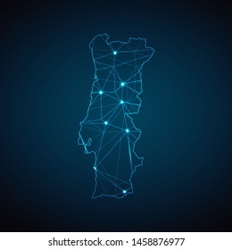 Portugal Map - Abstract geometric mesh polygonal network line, structure and point scales on dark background with lights in the form of cities. Vector illustration eps 10.