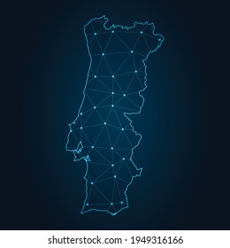 portugal Map Abstract mash line and point scales on dark background. Wire Frame 3D mesh polygonal network line.