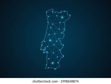 Portugal map Abstract mash line and point scales on dark background. Wire Frame 3D mesh polygonal network line. Network line, design sphere, dot and structure vector.