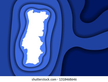 Portugal map abstract schematic from blue layers paper cut 3D waves and shadows one over the other. Layout for banner, poster, greeting card. Vector illustration.