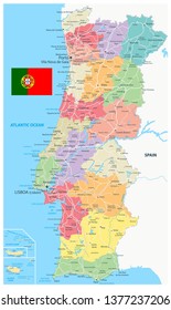 Portugal Map Administrative Divisions and Roads - Detailed map of Portugal vector illustration - All elements are separated in editable layers clearly labeled.