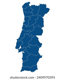 Portugal map. Map of Portugal in administrative provinces in blue color