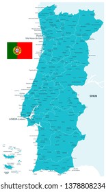 Portugal Map Aqua Colors - Detailed map of Portugal vector illustration - All elements are separated in editable layers clearly labeled.
