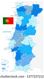 Portugal Map Blue Colors - Detailed map of Portugal vector illustration - All elements are separated in editable layers clearly labeled.
