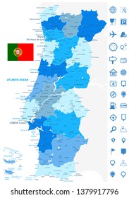 Portugal Map Blue Colors and Navigation Map Icons - Detailed map of Portugal vector illustration - All elements are separated in editable layers clearly labeled.