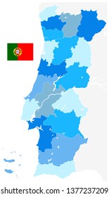 Portugal Map Blue Colors. No text - Detailed map of Portugal vector illustration - All elements are separated in editable layers clearly labeled.