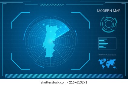 Mapa de Portugal del vector de radar de tecnología de marco digital azul HUD, GUI, interfaz de interfaz de usuario.