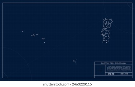 Portugal Map with Blueprint Tech Style Background.