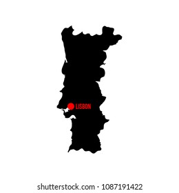Portugal Map With Capital City Lisbon. Black Silhouette On White Background. Country Territory Symbol. Vector Illustration.