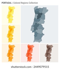 Portugal map collection. Country shape with colored regions. Blue, Grey, Yellow, Amber, Orange, Deep Orange, Brown color palettes. Border of Portugal with provinces for your infographic.