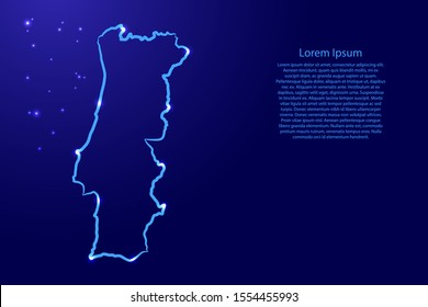 Portugal map from the contour blue brush lines different thickness and glowing stars on dark background. Vector illustration.
