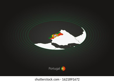 Portugal map in dark color, oval map with neighboring countries. Vector map and flag of Portugal