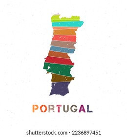 Portugal map design. Shape of the country with beautiful geometric waves and grunge texture. Artistic vector illustration.