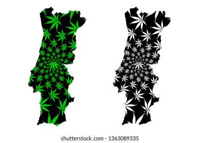 Portugal - map is designed cannabis leaf green and black, Portuguese Republic map made of marijuana (marihuana,THC) foliage,