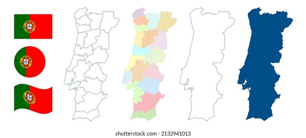 Portugal map. Detailed blue outline and silhouette. Administrative divisions and districts. Country flag. Set of vector maps. All isolated on white background. Template for design.