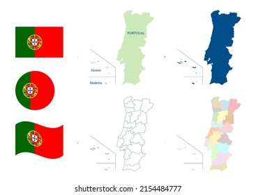 Portugal map. Detailed blue outline and silhouette. Administrative divisions. Districts and autonomous regions. Country flag. Set of vector maps. All isolated on white background. Template for design.