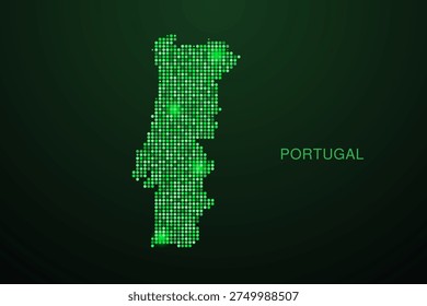 Portugal Map - Digital dotted map with glowing green points on dark background, modern technology style, abstract data network design, clean minimal geometric vector illustration.