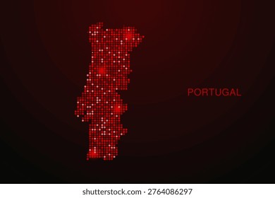 Portugal Map - Digital dotted map with glowing red points on dark background, modern technology style, abstract data network design, clean minimal vector illustration.