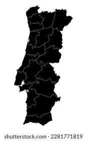 Mapa de Portugal con distritos. Ilustración vectorial.