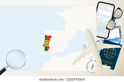 Portugal map and flag, cargo plane on the detailed map of Portugal with flag, passport, magnifying glass and airplane. Vector template.