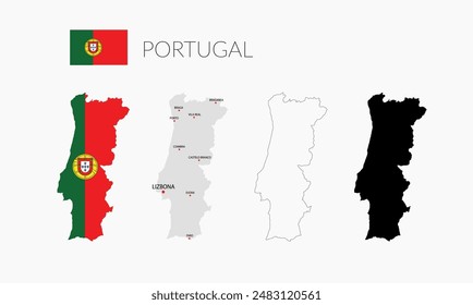 Portugal map and flag, full colour, contour, and main cities. 