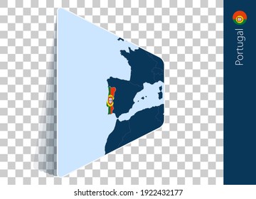 Portugal map and flag on transparent background. Highlighted Portugal on blue vector map.