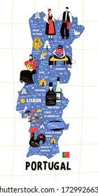 Portugal map flat hand drawn vector illustration flag. Names lettering and cartoon landmarks, tourist attractions cliparts. Lisbon Travel, trip comic infographic poster, banner concept design