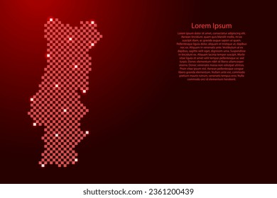 Portugal map from futuristic red checkered square grid pattern and glowing stars for banner, poster, greeting card