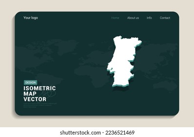 Portugal map green background with isometric vector. Web banner layout template.