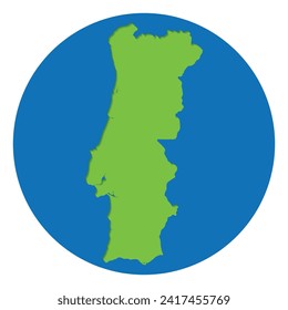 Portugal map. Map of Portugal in green color in globe design with blue circle color.
