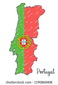 Portugal map hand drawn sketch. Vector concept illustration flag, children's drawing.