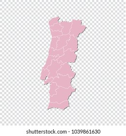 Portugal map - High detailed pastel color map of Portugal. Portugal map isolated on transparent background. Vector illustration eps 10.